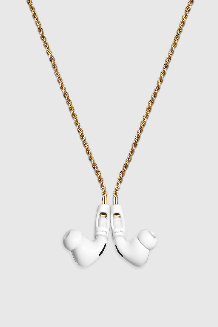 Tapper's real 18K gold plated original rope chain jewelry necklace protects your Apple AirPods & AirPods Pro. The luxurious, elevated & accessible rope chain jewellery plated in precious metals snaps the AirPods around your neck. Lose your AirPods? Magnetic lock for convenient and hassle-free safekeeping around your neck. The next must-have & affordable AirPods accessory crafted for ultimate luxury. Compatible with AirPods & AirPods Pro. Designed in Sweden by Tapper. Free Shipping at gettapper.com