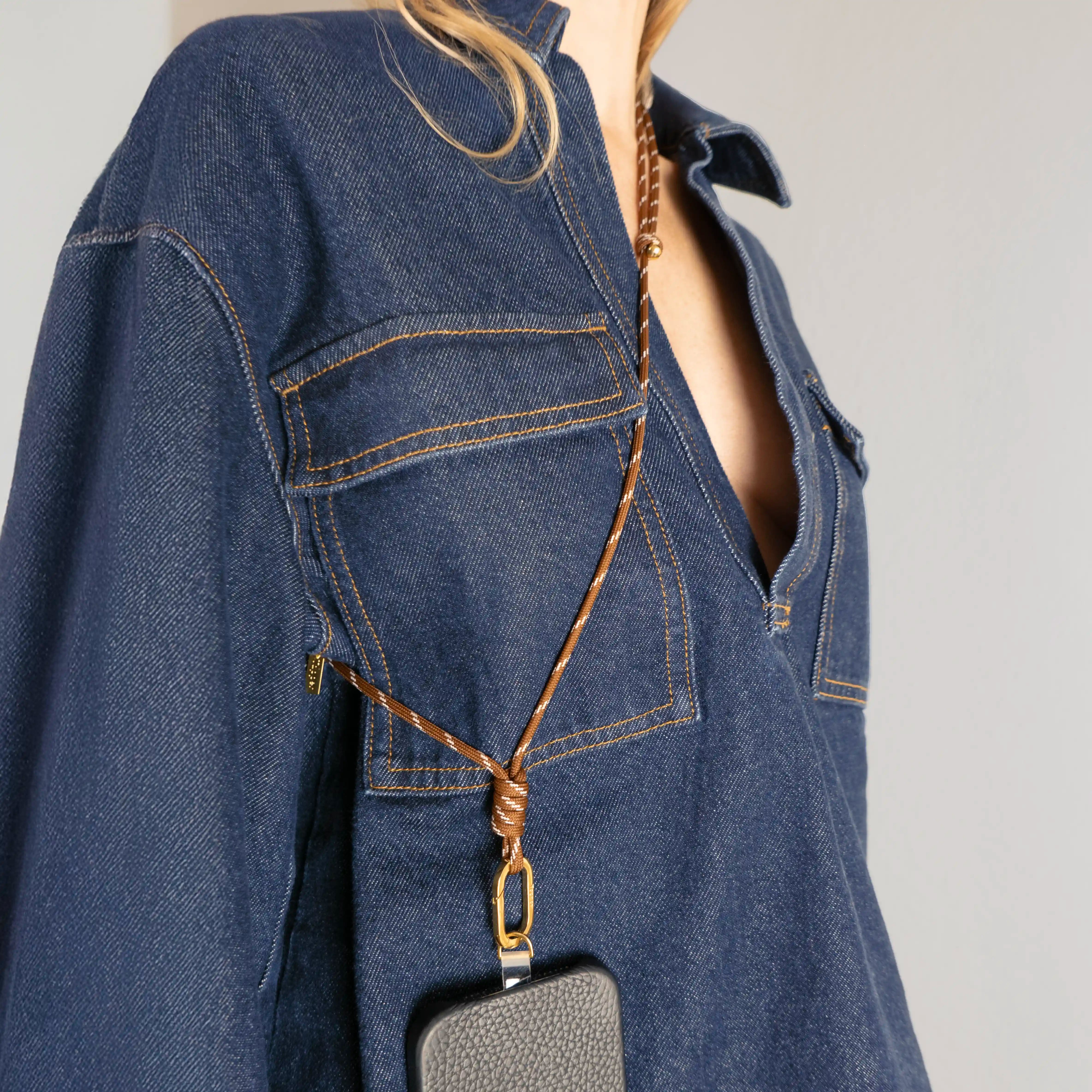 Tapper Adjustable Nylon Crossbody & Neck Phone Strap with 18k gold details—luxury, secure & stylish phone accessory for all phone cases.