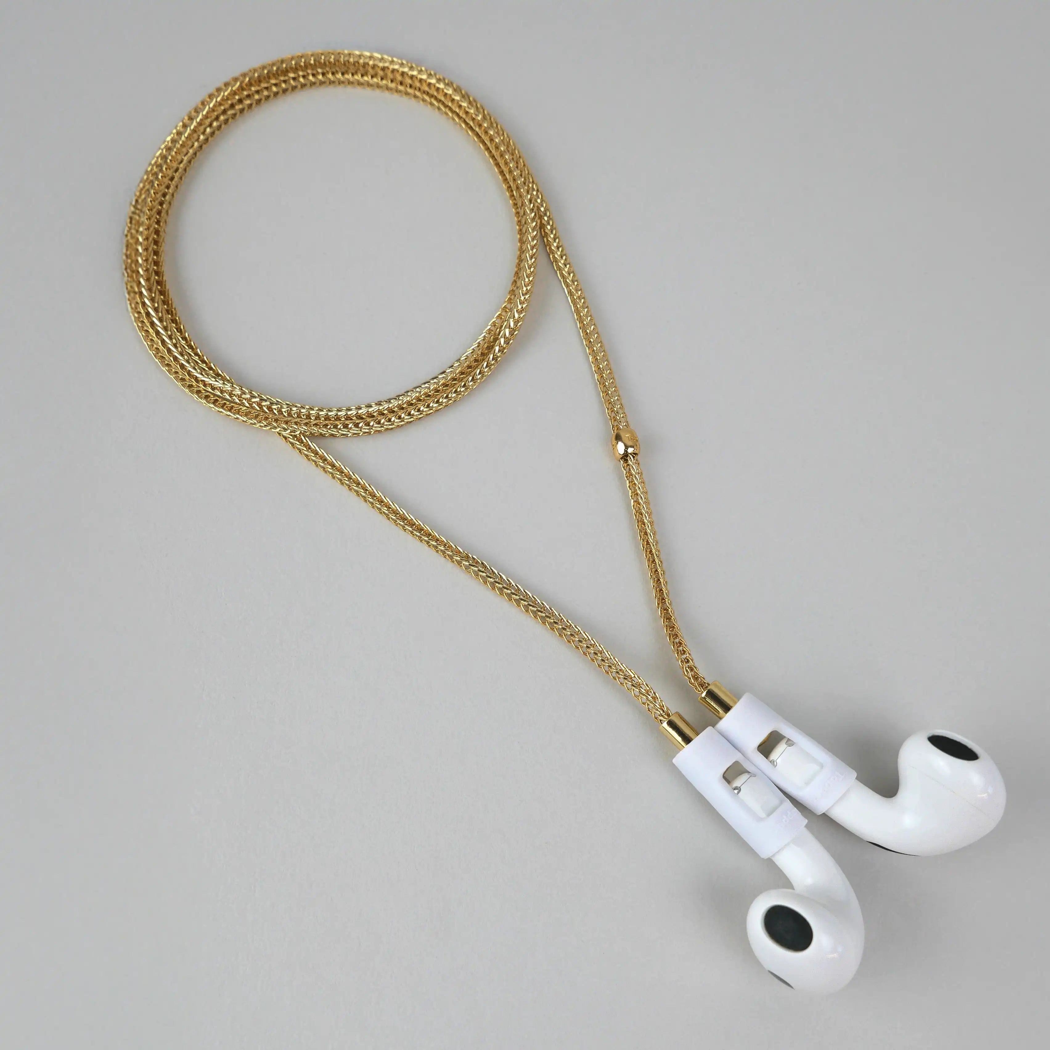 Tapper's real 18K gold plated original tech jewelry mesh chain protects your AirPods. The luxurious, elevated and accessible necklace plated in precious metals steps up your AirPod jewellery game. Worried about losing your AirPods? Magnetic lock for convenient and hassle-free safekeeping around the neck. The next must-have AirPods accessory crafted for ultimate luxury. Compatible with all generations of Apple AirPods and AirPods Pro. Designed in Sweden by Tapper. Free Express Shipping at gettapper.com