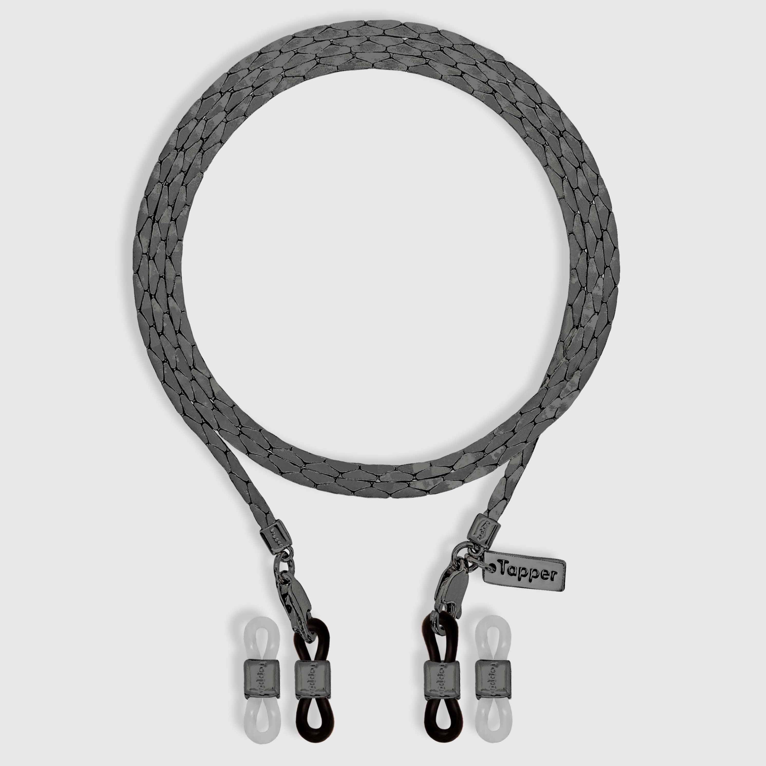 Protect, elevate and keep track of your eyewear with this Hematite Matte Black plated eyewear, eyeglasses and sunglasses chain from Tapper, ensuring elegant and convenient safekeeping around your neck. When not in use as an eyewear chain, detach the silicone holders from the lobster clasps and use it as a necklace, bracelet or pair it with another set of chains as body jewelry / jewellery. Designed in Sweden.