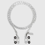 Protect, elevate and keep track of your eyewear with this 925 Silver plated eyewear, eyeglasses and sunglasses chain from Tapper, ensuring elegant and convenient safekeeping around your neck. When not in use as an eyewear chain, detach the silicone holders from the lobster clasps and use it as a necklace, bracelet or pair it with another set of chains as body jewelry / jewellery. Designed in Sweden.