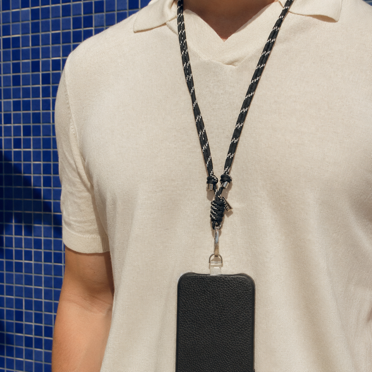 Tapper Adjustable Nylon Crossbody & Neck Phone Strap with silver details—luxury, secure & stylish phone accessory for all phone cases.