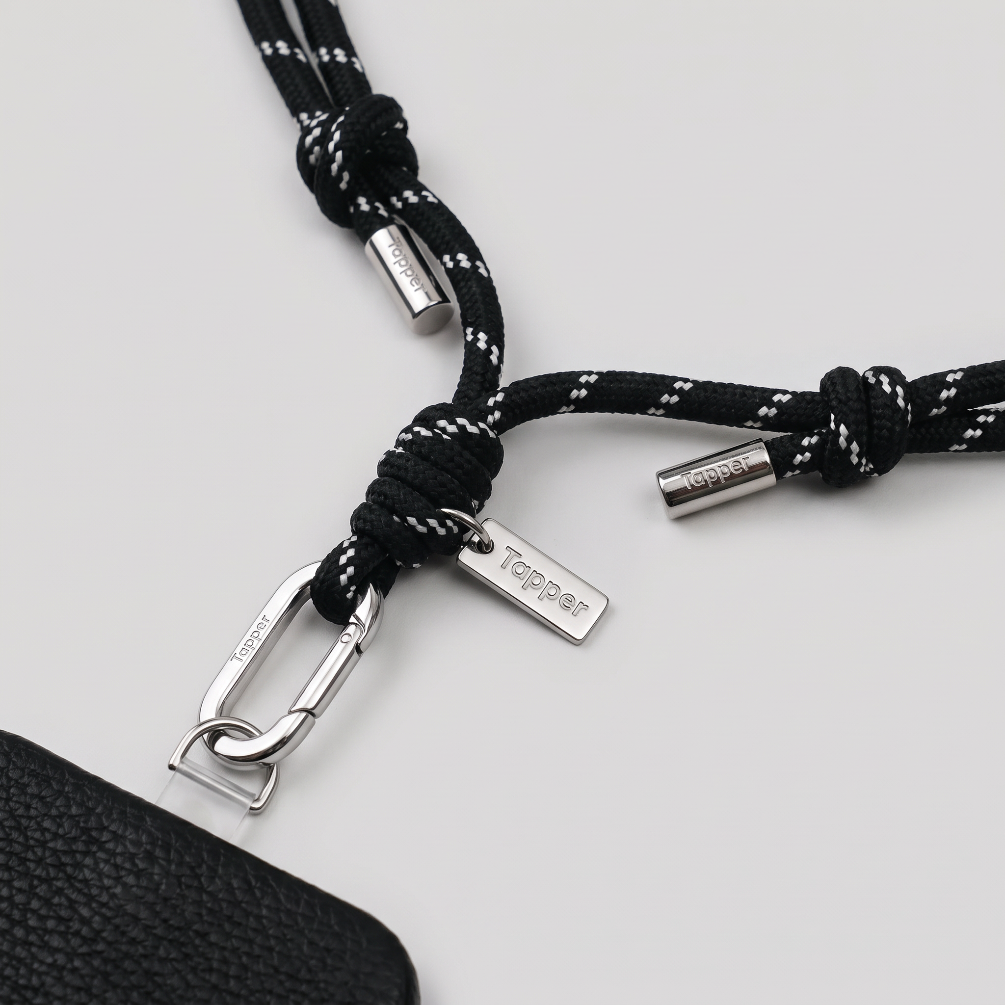 Tapper Adjustable Nylon Crossbody & Neck Phone Strap with silver details—luxury, secure & stylish phone accessory for all phone cases.