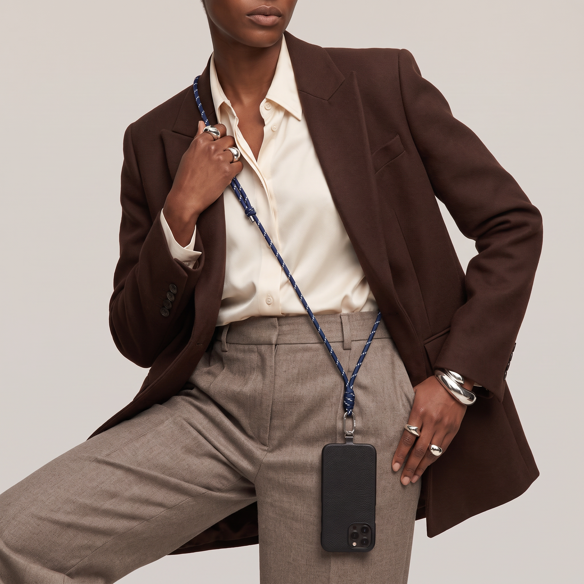 Tapper Adjustable Nylon Crossbody & Neck Phone Strap with silver details—luxury, secure & stylish phone accessory for all phone cases.