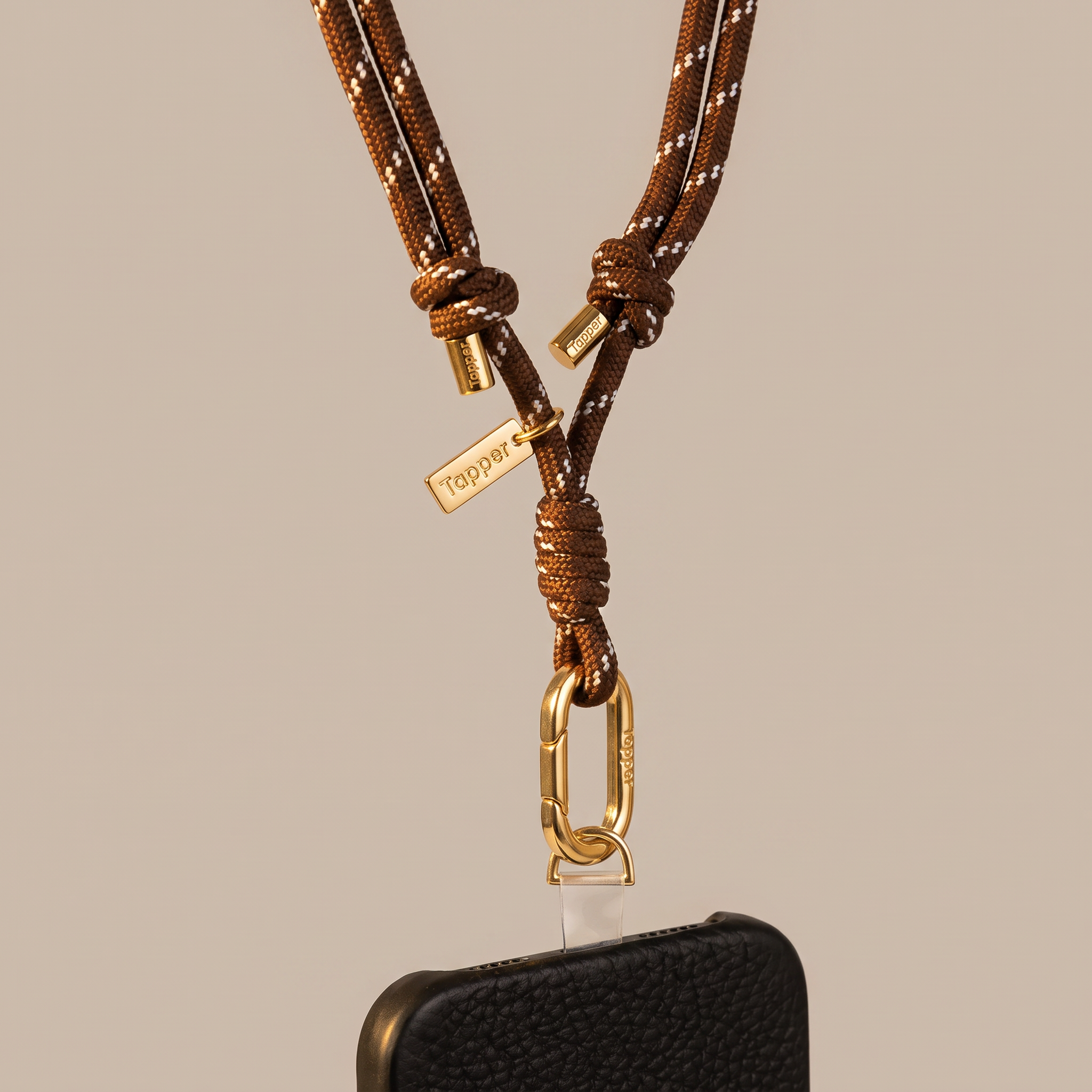 Tapper Adjustable Nylon Crossbody & Neck Phone Strap with 18k gold details—luxury, secure & stylish phone accessory for all phone cases.