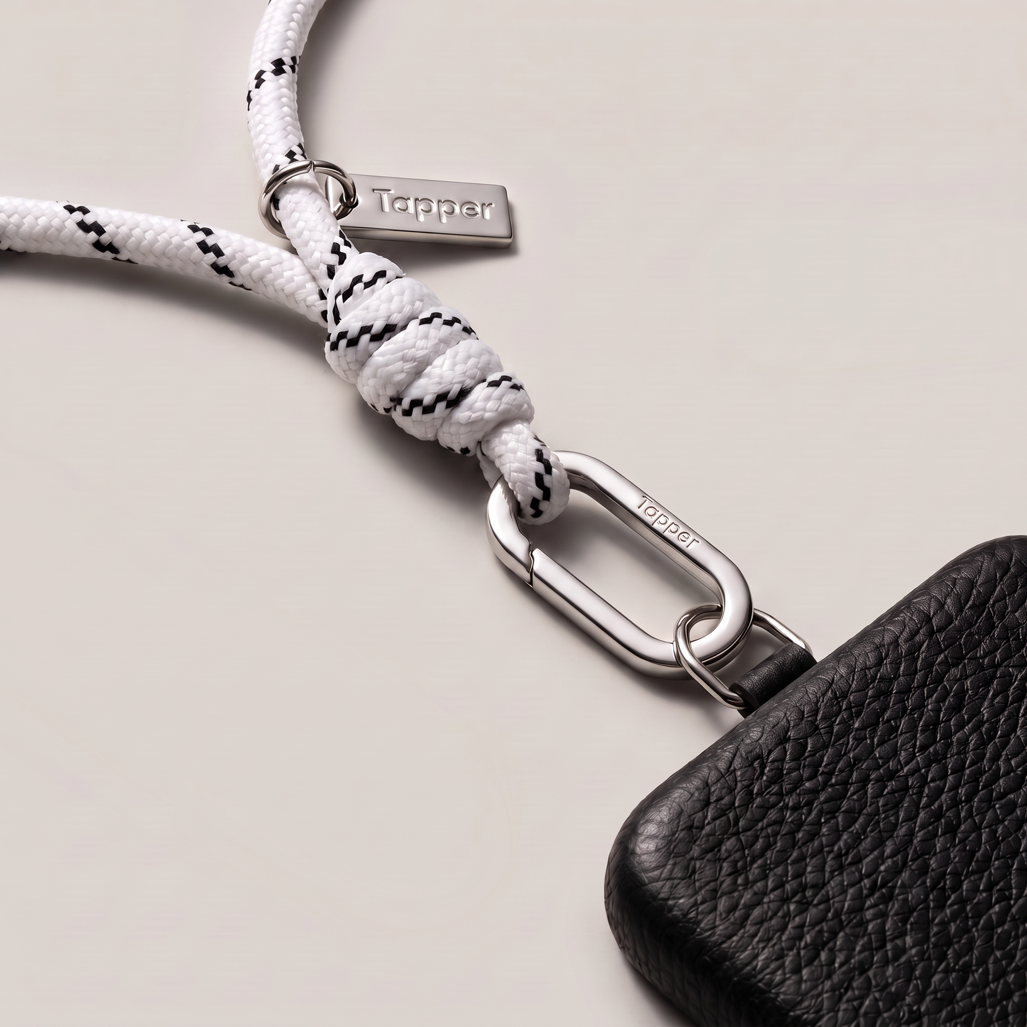 Tapper Adjustable Nylon Crossbody & Neck Phone Strap with silver details—luxury, secure & stylish phone accessory for all phone cases.