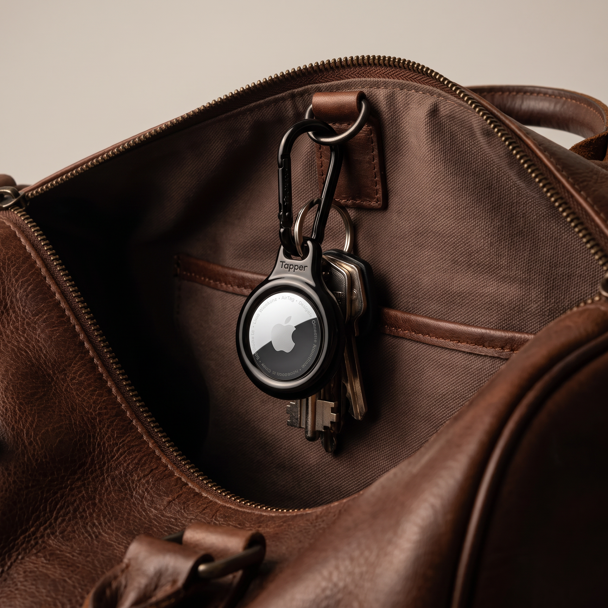 Black Metal Plated AirTag Holder & Case – Luxurious and Secure – A refined metal carabiner case designed to elegantly secure your AirTag to keys, bags, luggage, and more. Crafted by Tapper in Sweden.