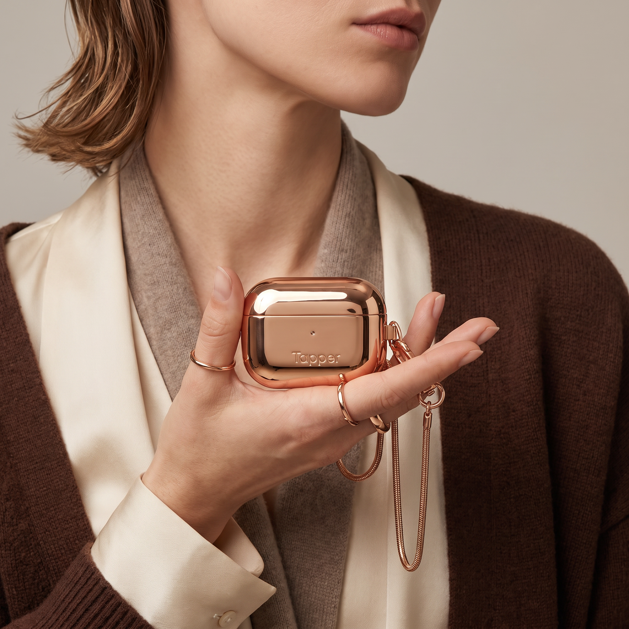 Tapper's 18K Rose Gold plated original metal neck case jewelry protects your Apple AirPods Pro. Luxurious, elevated & accessible AirPods Pro jewellery plated in precious metals. Worried about losing your AirPods Pro? Detachable snake chain and carabiner for convenient and hassle-free safekeeping around your neck. The next must-have AirPods Pro accessory crafted for ultimate luxury. Compatible with AirPods Pro. Designed in Sweden by Tapper. Free Express Shipping at gettapper.com
