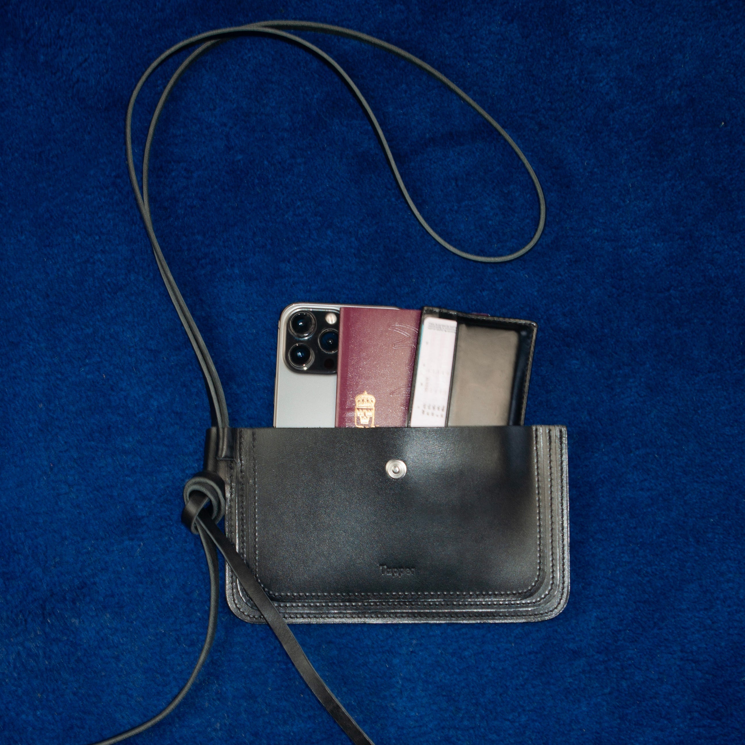 Via Leather Crossbody Bag handmade in Sweden from vegetable tanned leather, compact travel bag and passport bag for phone, wallet and essentials