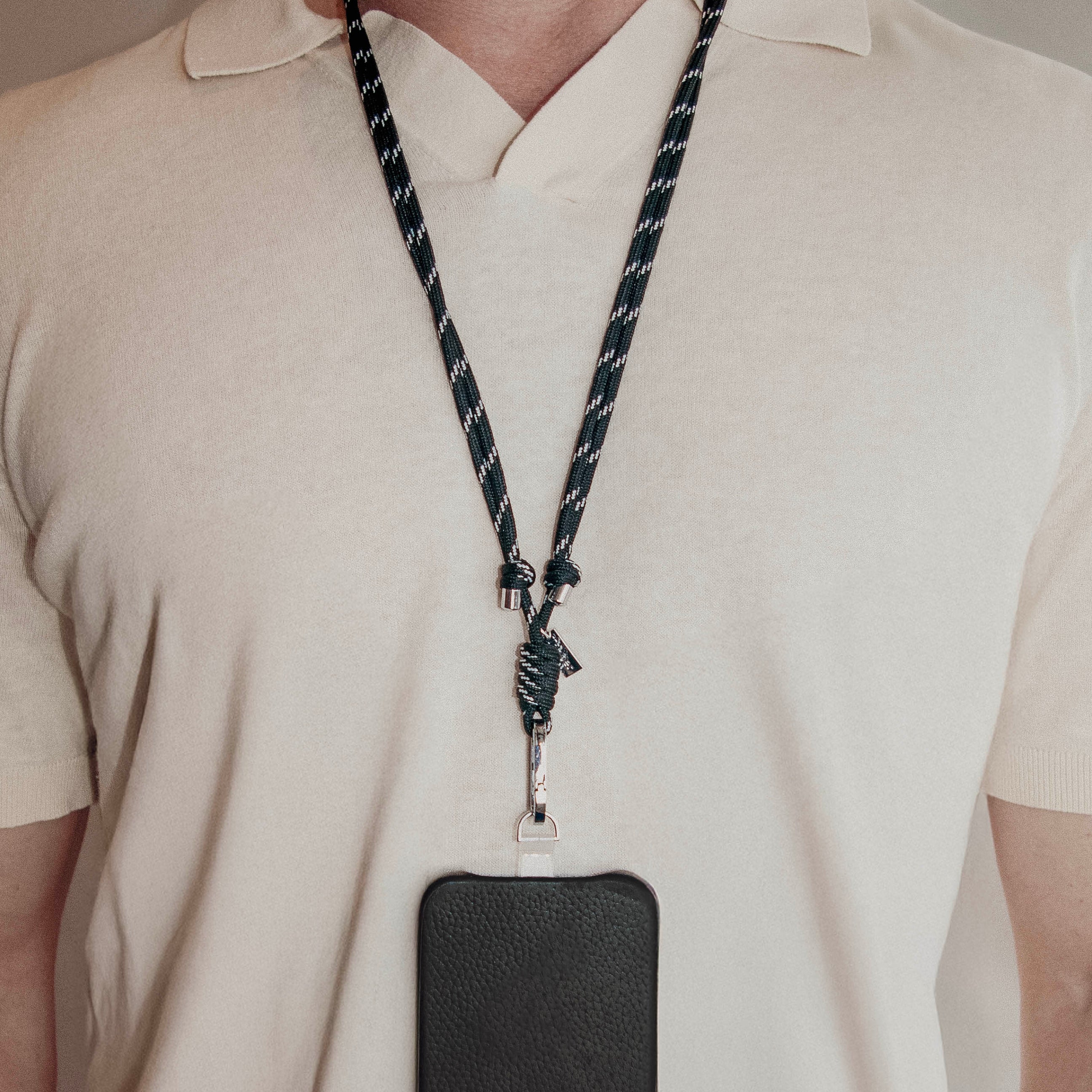 Tapper Adjustable Nylon Crossbody & Neck Phone Strap with silver details—luxury, secure & stylish phone accessory for all phone cases.