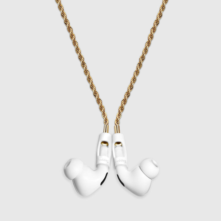 Tapper's real 18K gold plated original rope chain jewelry necklace protects your Apple AirPods & AirPods Pro. The luxurious, elevated & accessible rope chain jewellery plated in precious metals snaps the AirPods around your neck. Lose your AirPods? Magnetic lock for convenient and hassle-free safekeeping around your neck. The next must-have & affordable AirPods accessory crafted for ultimate luxury. Compatible with AirPods & AirPods Pro. Designed in Sweden by Tapper. Free Shipping at gettapper.com