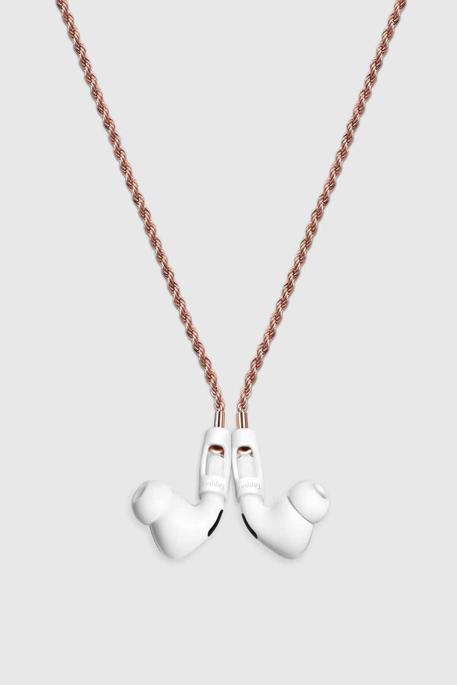 Tapper's real 18K rose gold plated original rope chain jewelry necklace protects your Apple AirPods & AirPods Pro. The luxurious, elevated & accessible rope chain jewellery plated in precious metals snaps the AirPods around your neck. Lost your AirPods? Magnetic lock for convenient and hassle-free safekeeping around your neck. The next must-have & affordable AirPods accessory crafted for ultimate luxury. Compatible with AirPods & AirPods Pro. Designed in Sweden by Tapper. Free Shipping at gettapper.com